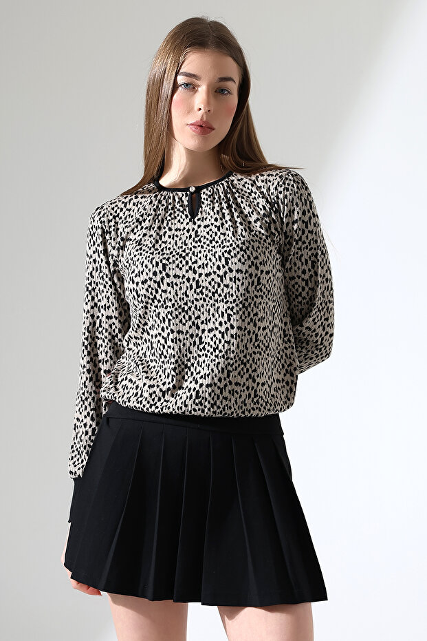 Harare női húzózsinóros leejtő nyakú gombos LEOPARD Jacquard rugalmas fésült pamut hosszú ujjú blúz és hidzsáb blúz - 4