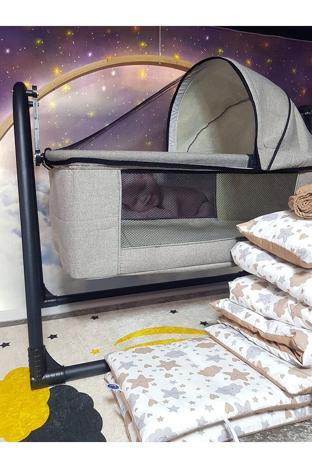 45x85 Keten Portatif Beşik ve Uyku Seti - Tenteli Silinebilir Lüks Keten Fileli - 1