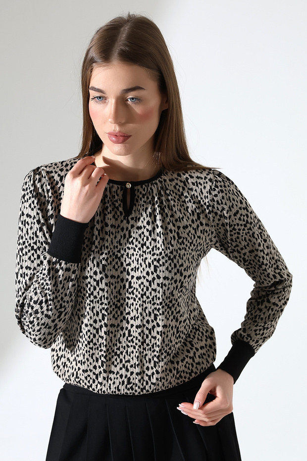 Harare női húzózsinóros leejtő nyakú gombos LEOPARD Jacquard rugalmas fésült pamut hosszú ujjú blúz és hidzsáb blúz - 6