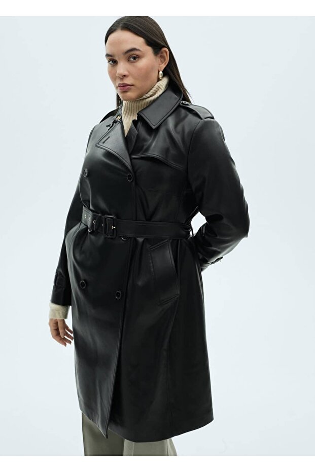 Deri görünümlü trençkot - 5