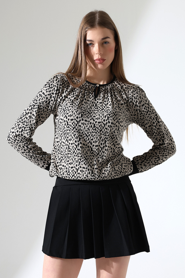 Harare női húzózsinóros leejtő nyakú gombos LEOPARD Jacquard rugalmas fésült pamut hosszú ujjú blúz és hidzsáb blúz - 5