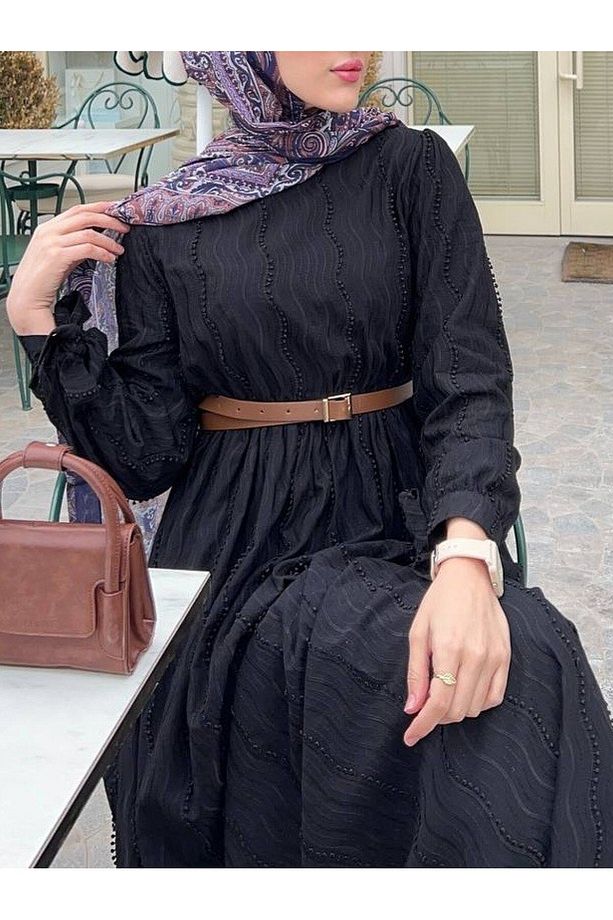 Belden Lastikli Maşeti Bağcıklı Elbise (KEMERSİZ) -siyah - 2