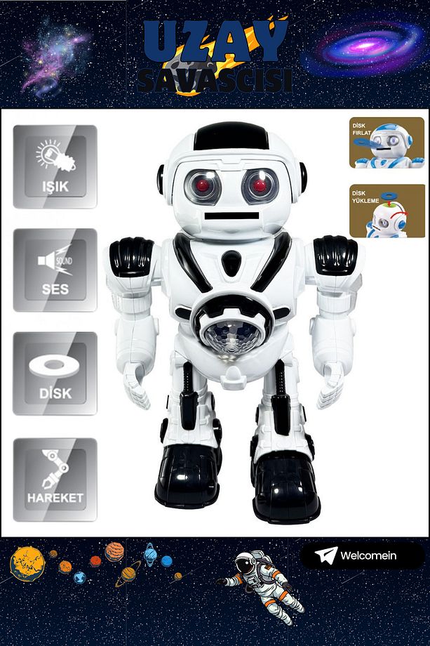 Siyah Büyük Boy Disk Atan Yürüyen Oyuncak Uzay Savaşçısı Robot Sesli Işıklı ve Pilli Robot +3 Yaş - 1
