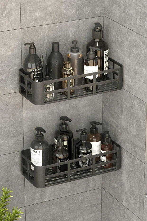 Set of 2 Bathroom Shower Shelf Shampoo Holder, Soap Dish Black Adhesive Shower Organizer Waterproof Plastic