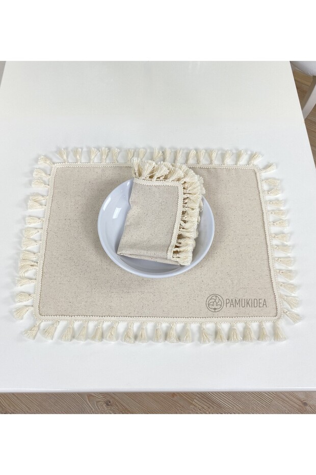 2 Pieces | 35X45 cm Cream Pom-Pom - Tasseled American Service Napkin, Buldan Linen Woven 100% Cotton Napkin