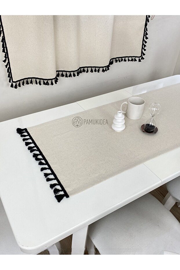 45X145 cm | Washed Buldan Linen Black Tasseled - Pompommed 100% Cotton Runner, Coffee Table - Tablecloth