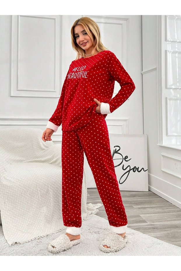Ribbed Fleece Embroidery Detailed Legs Wellsoft Women's Pajama Set Lmr003