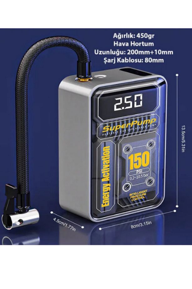 MEFA ÖS  150psi ŞARJLI Tasinabilir Araba yüksek güçlü  kablosuz lastik hava pompasi GRI - 1
