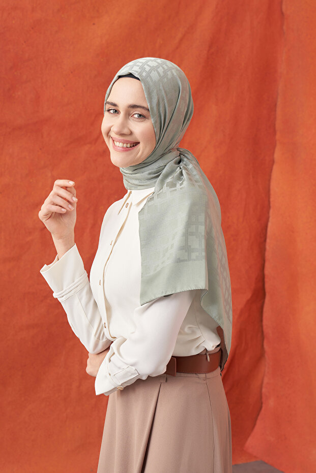 Italian Jacquard Block Pattern Shawl - Linen Green - 1