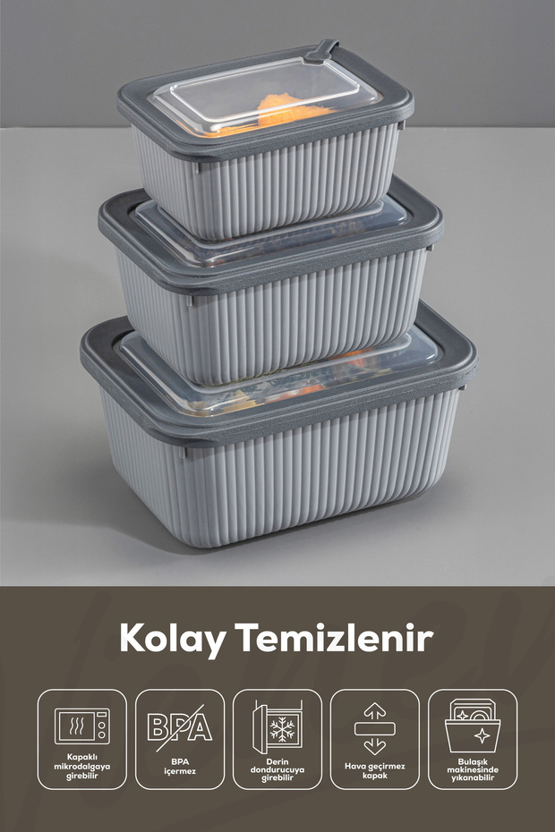 3-Piece Vip Rectangular Microwave and Diffuse Suitable Storage Container Set Gray 1X(1750,1050,600 ml) - 3