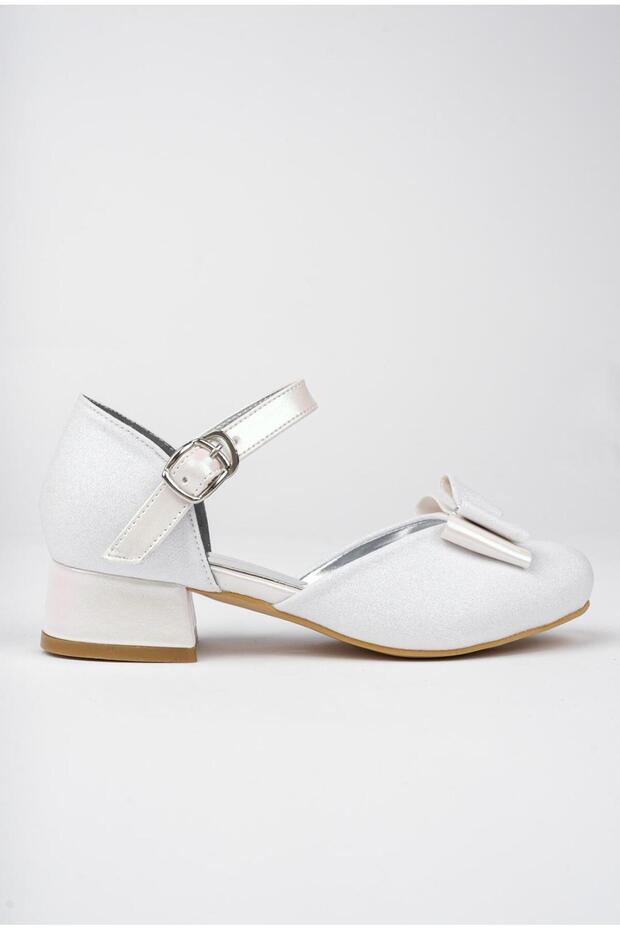 Girl's White Evening Dress Glitter Sand Detailed Bow Shoes