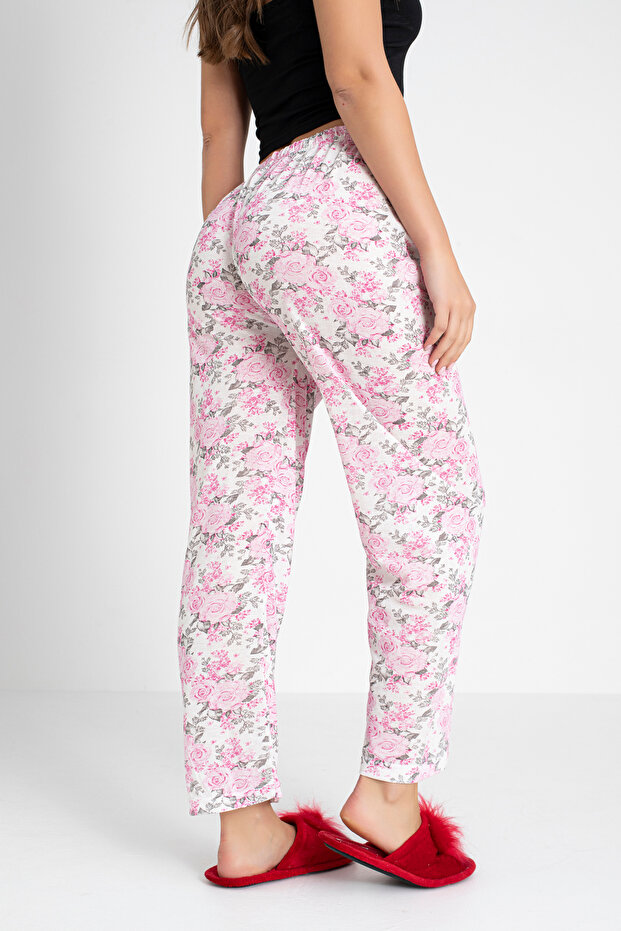 Cotton Thin Breathable Fabric Ribbon Waist Detailed Printed Pocketless Women's Pajama Bottoms