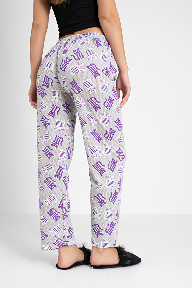 Cotton Thin Breathable Fabric Ribbon Waist Detailed Printed Pocketless Women's Pajama Bottoms
