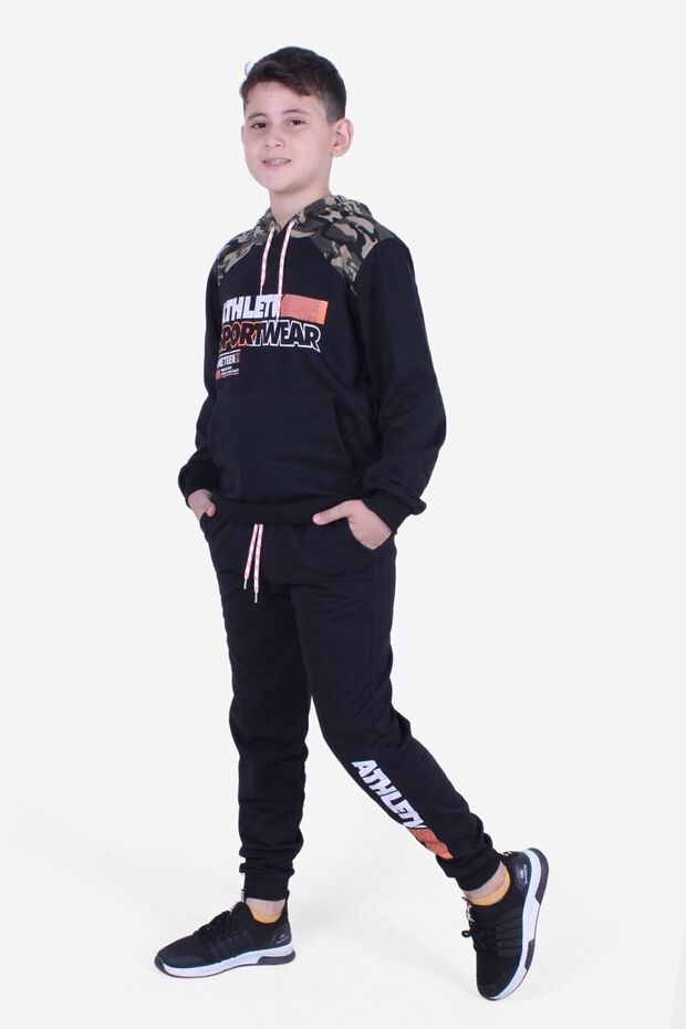 Kangaroo Pocket Camouflage Patterned Hooded Lace Up Bottom-Top Tracksuit Set