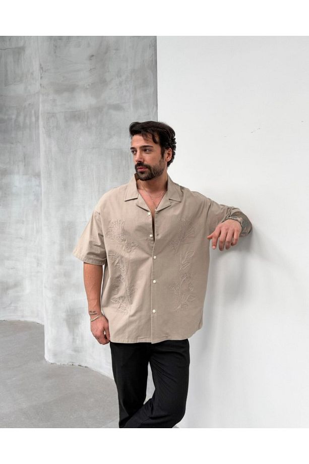 Kabartma Çiçek Nakışlı Oversize Gömlek 40803 - 3