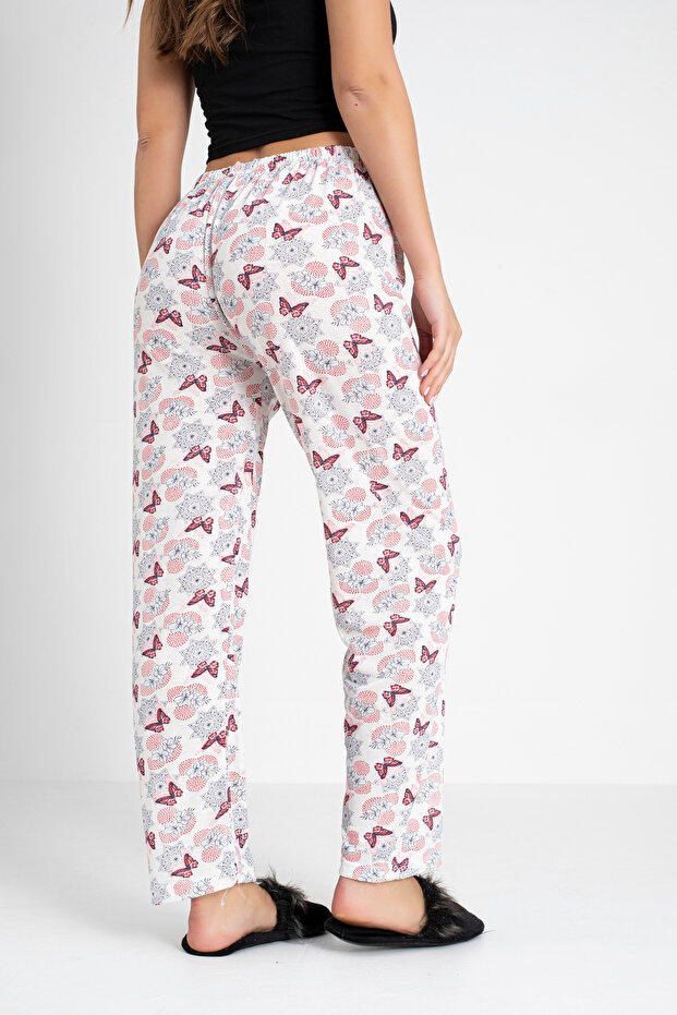 Cotton Thin Breathable Fabric Ribbon Waist Detailed Printed Pocketless Women's Pajama Bottoms