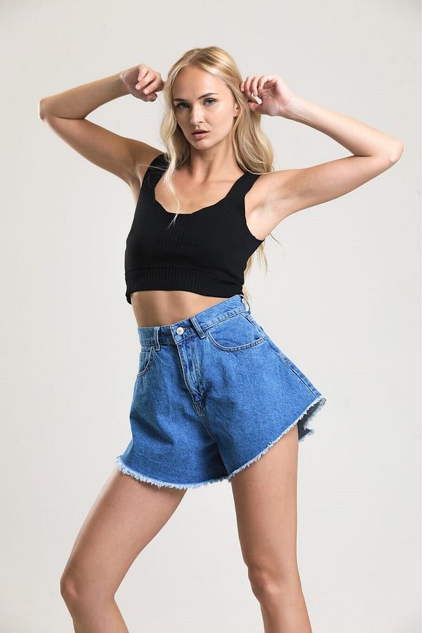 2076 Kadın Püsküllü Paça Jeans Denim Kot Şort - Mavi - 1
