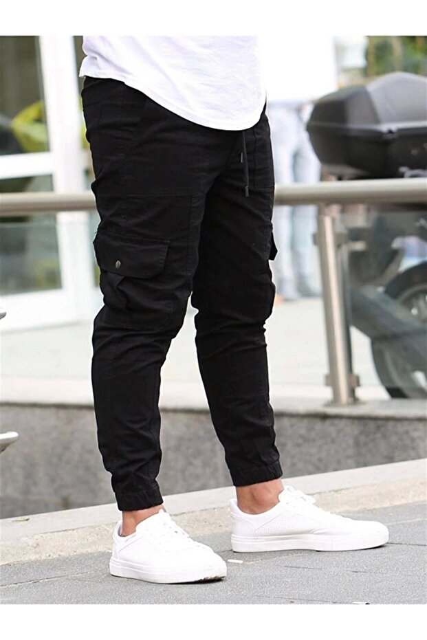 Lycra black cargo pants with elastic waist and legs