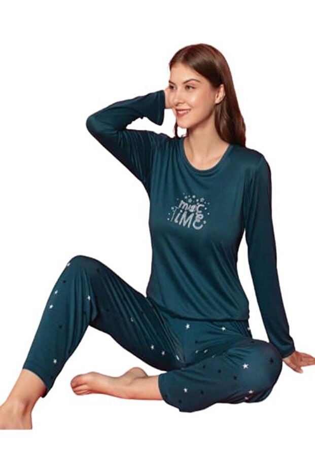 Women's Milan Fabric Petrol Green Magic Time Printed Long Sleeve Crew Neck Pajamas Set