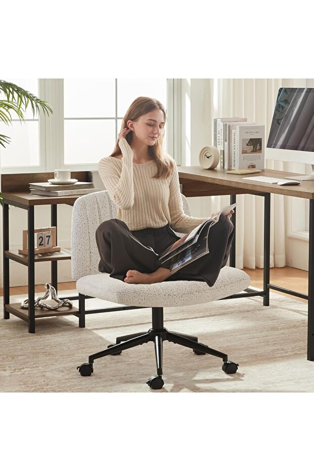 Dowinx Criss Cross Chair with Locking Wheels,Fabric Cross Legged Office Desk Chair - Confetti White