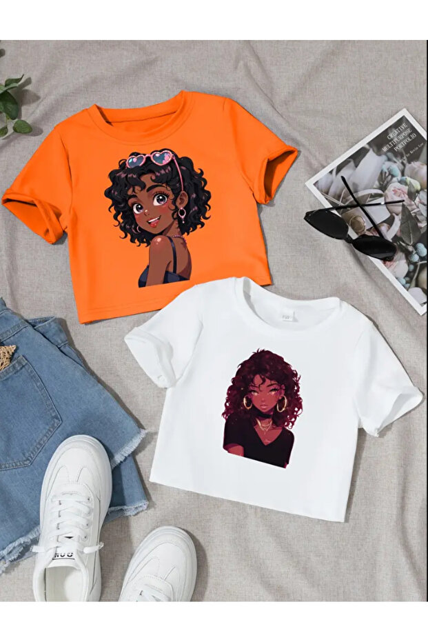 Kids Women's Printed 2-Piece Short Sleeve 100% Cotton Crop T-Shirt