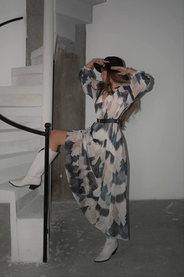 Şifon Astarlı Desenli Kemerli Uzun Şifon Elbise - 4