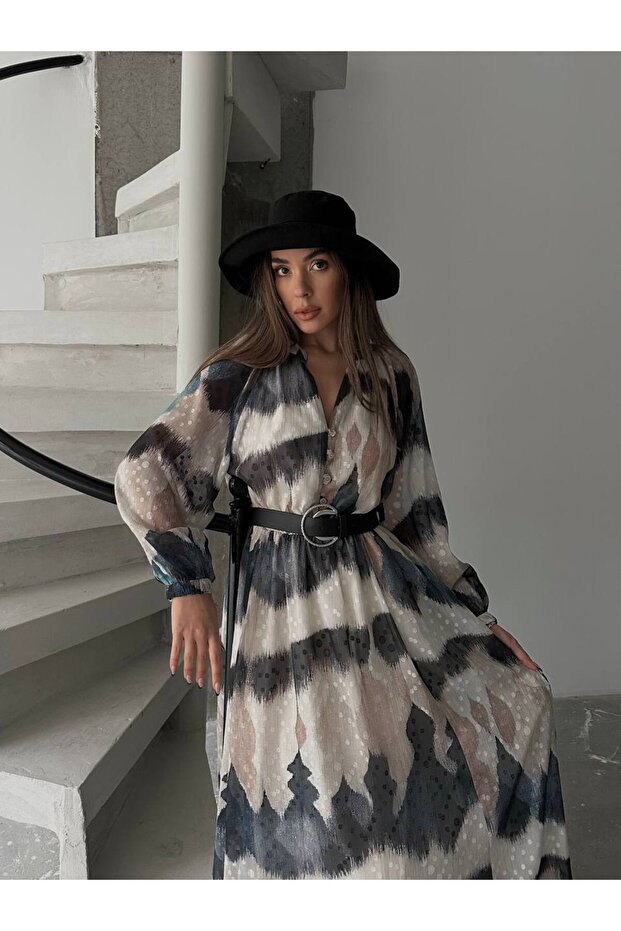 Şifon Astarlı Desenli Kemerli Uzun Şifon Elbise - 2