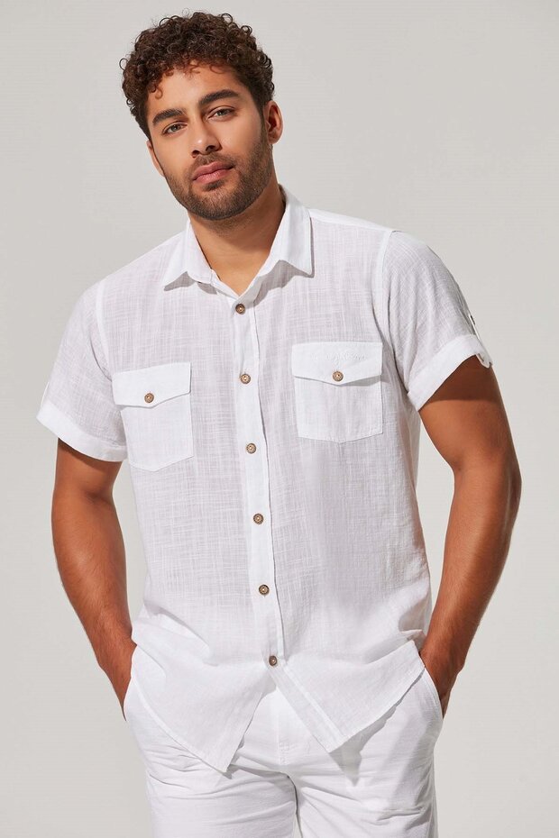 Short Sleeve Double Pocket Slub Men's Shirt