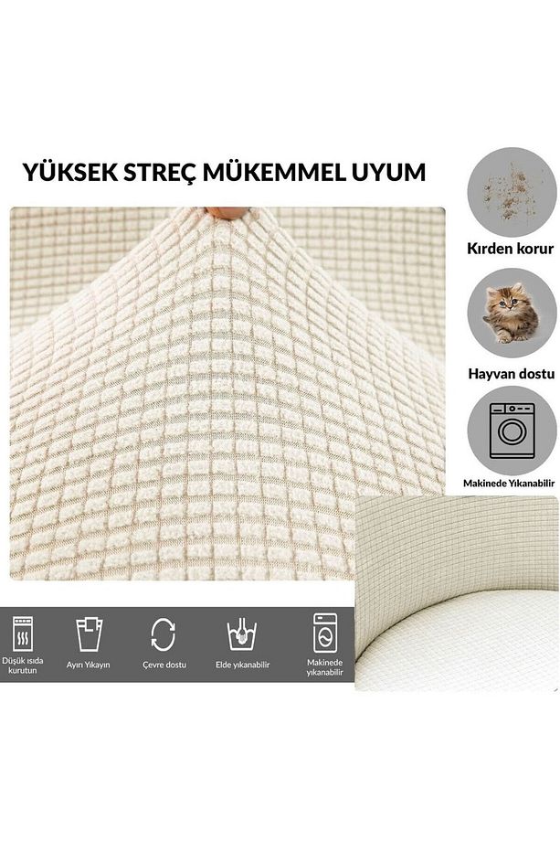 Yıkanabilir Streç Lastikli Likralı Oval Yuvarlak Sandalye Kılıfı Örtüsü 1 Adet(KREM RENGİ) - 3