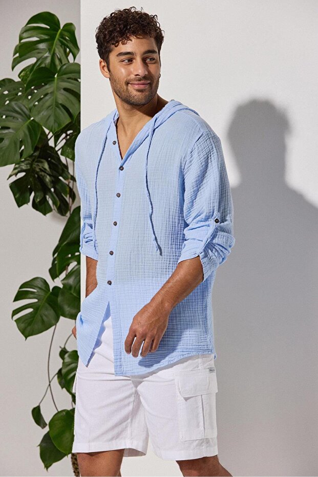 Hooded Double Face Muslin Blue Shirt