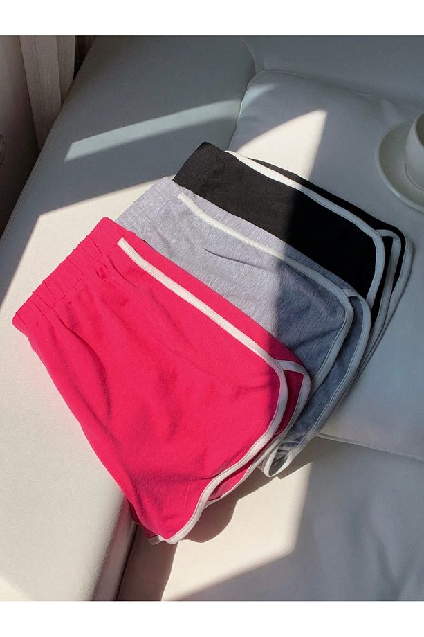 Kadın Siyah Pembe Gri %100 Pamuk Yan Şeritli 3'lü Paket Mini Şort - 3