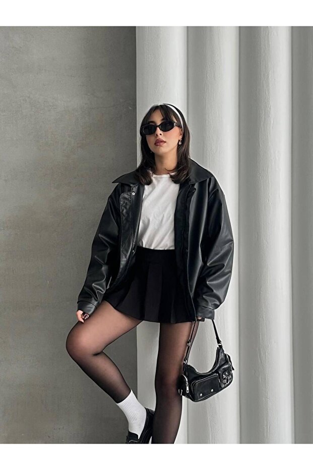 Jachetă de piele neagră vintage oversize - 2