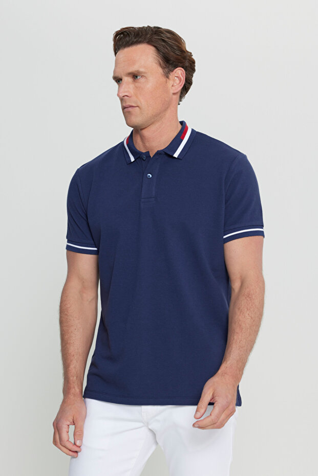 Erkek Lacivert Slim Fit Dar Kesim %100 Pamuk Polo Yaka Tişört - 4