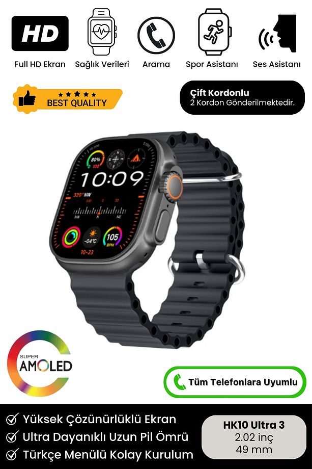 Yeni Nesil HK10 Ultra 3 Chat GPT Amoled HD Ekran Spor Sağlık Sensörlü iOS Android Uyumlu Akıllı Saat - 1