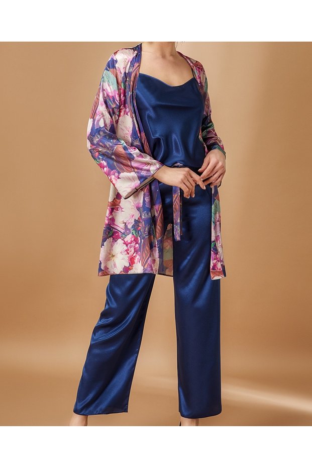 Women's Navy Blue Satin Pajama Set N.Ur.5.9.R.O.5.1.Z.E.L.T.