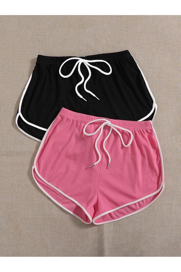 Kadın Siyah Pembe Yan Şeritli 2'Li Paket Mini Şort - 3