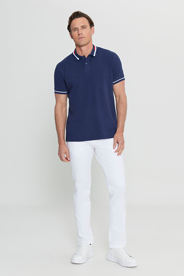 Erkek Lacivert Slim Fit Dar Kesim %100 Pamuk Polo Yaka Tişört - 3