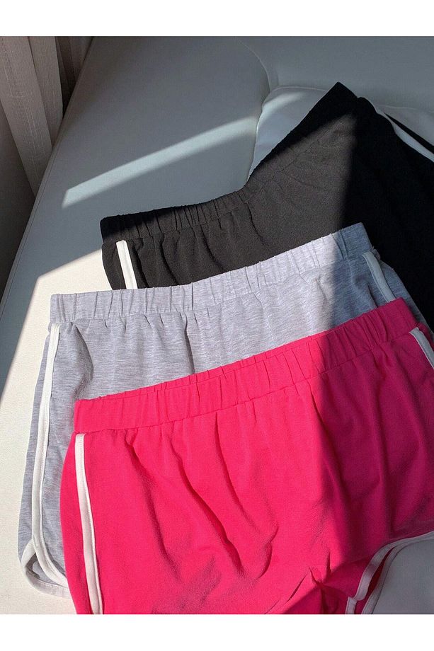 Kadın Siyah Pembe Gri %100 Pamuk Yan Şeritli 3'lü Paket Mini Şort - 4