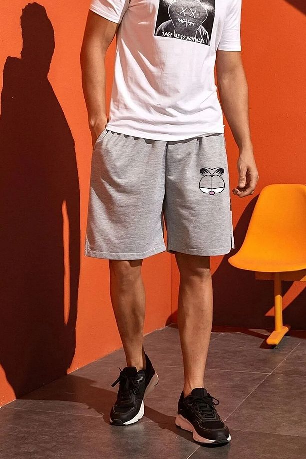 Unisex Garfield Baskılı Gri Basic Şort - 3