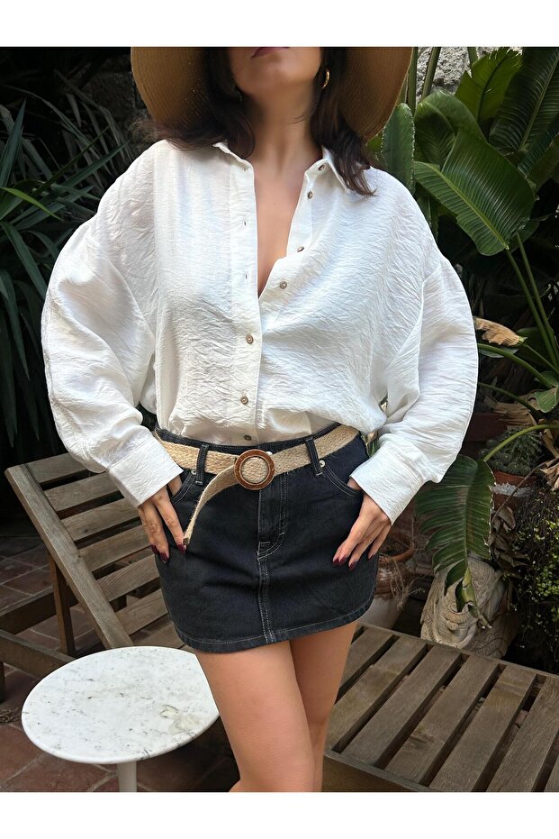 Kadın Ekru Keten Oversize Hasır Kemerli Tunik Gömlek 29049 - 8