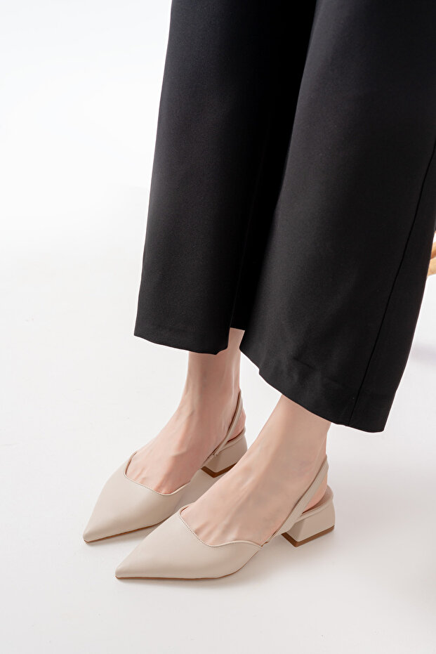 Blush Beige Matte Leather Pointed Toe Short Block Heeled Women's Shoes