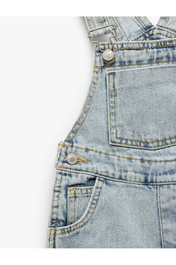 Pamuklu Ayarlanabilir Askılı Cep Detaylı Denim Salopet Şort - 3