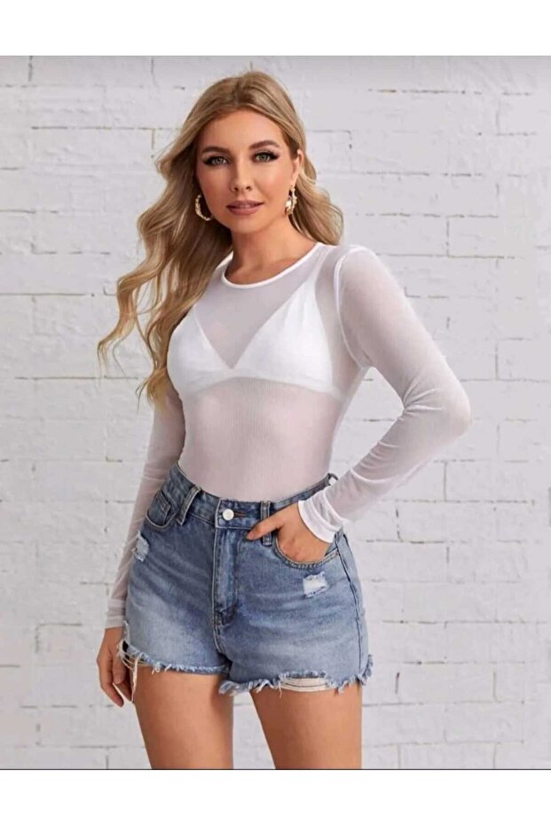 Women's Crew Neck Lycra Style Long Sleeve Tulle Blouse