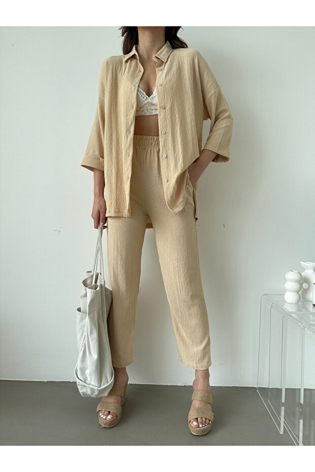 Women's Beige Double Sleeve Top and Bottom Shirt Set