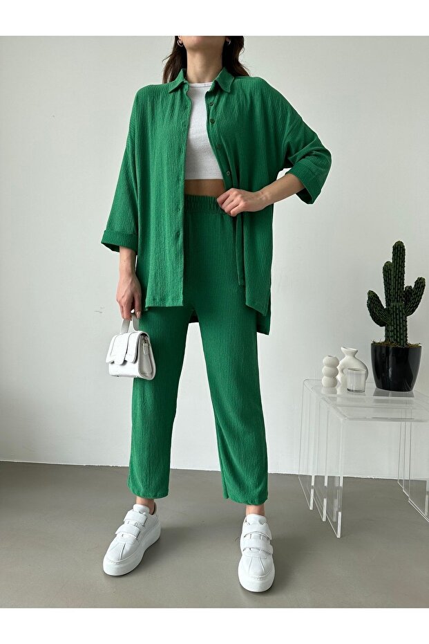 Women's Green Double Sleeve Top and Bottom Shirt Set