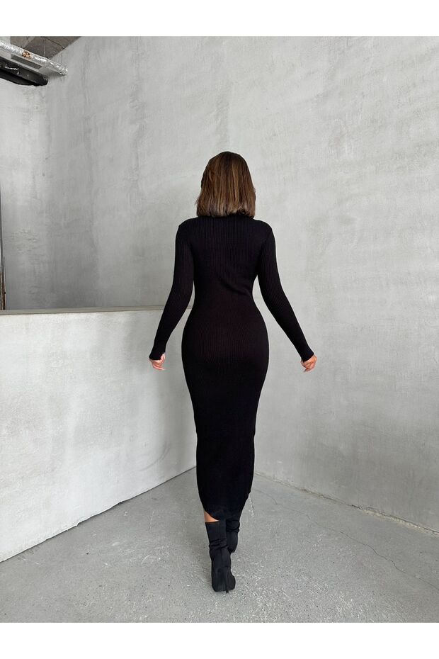 Kadın Siyah Polo Yaka Maxi Basic Triko Elbise - 7