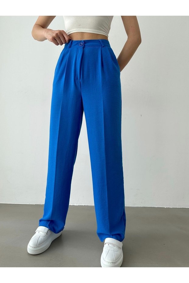 Women's Blue Linen High Waist Pleated Palazzo Trousers