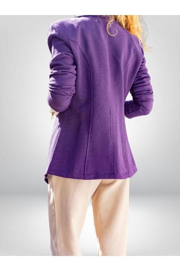 Kadın Mürdüm Kendinden Desenli Astarlı Kaşe Tek Düğmeli Kışlık Blazer Ceket 344940 - 2