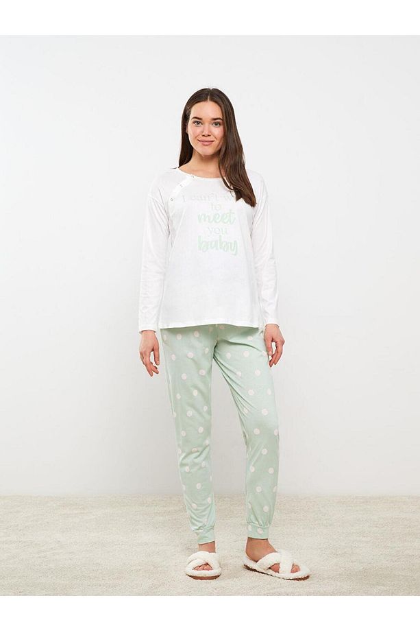 Bisiklet Yaka Baskılı Uzun Kollu Hamile Pijama Takımı (S3) - 2