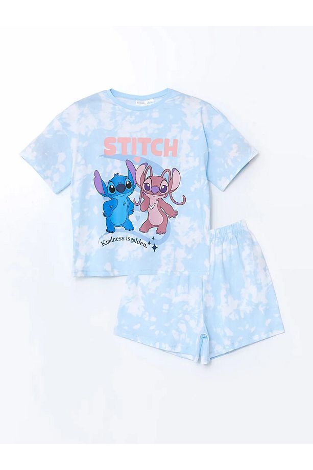 LCW Kids Mavi Bisiklet Yaka Lilo ve Stitch Baskılı Kız Çocuk Şortlu Pijama Takımı - 1